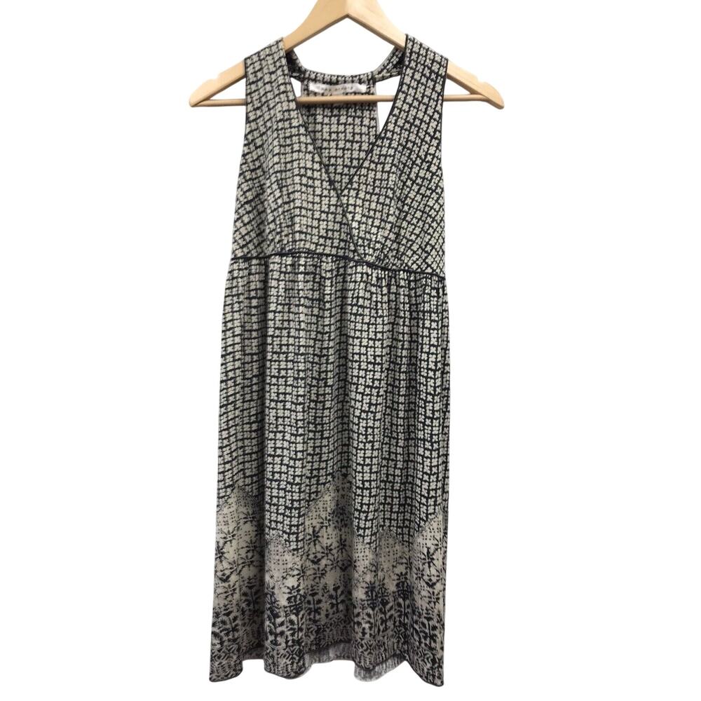 Max Studio Dress Womens Small Black White Beige Elastic Waist Printed Hem